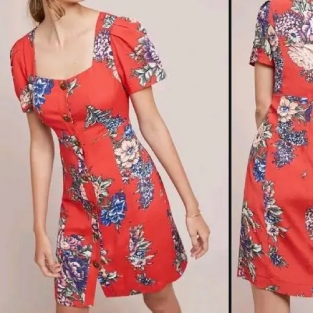 Maeve by Anthropologie Red Floral Button Front Midi Dress Cottagecore Boho